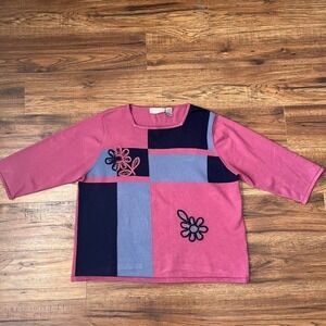 Vintage Y2K Colour Black Embroidered Pink Navy Sweater Women XL Boho Grandmacore